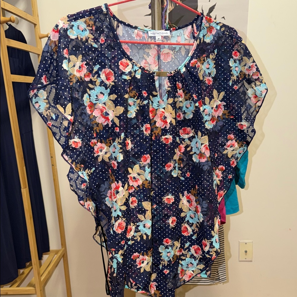 Notations Navy Floral Sheer Blouse